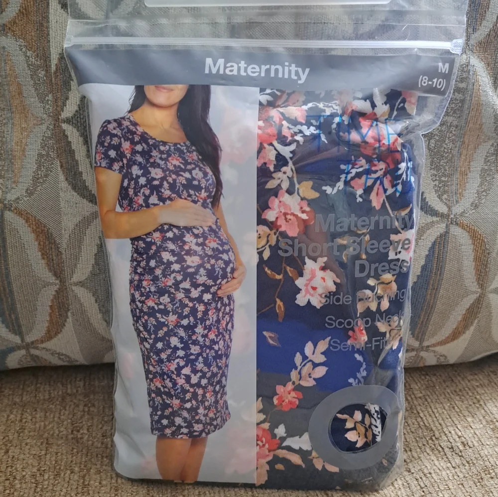 New, Navy blue & floral short sleeve maternity dress w rouched sides Medium 8 10 - Picture 1 of 3